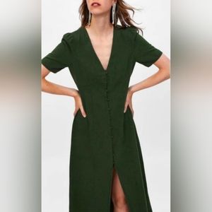 Zara Women cotton linen buttoned dark green dress